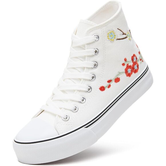⚡Women's Red White Embroidery High Top Canvas Sneakers Lace up Canvas Shoes - Picture 1 of 9